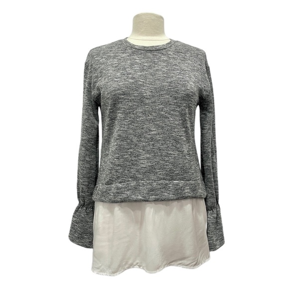 BCBGENERATION Heather Gray & White Mixed Media Long Sleeve Ruffle Cuff Blouse - Picture 3 of 12